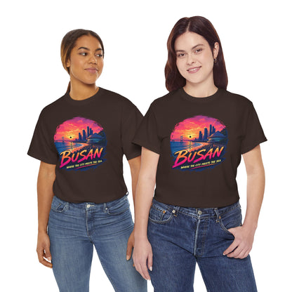 Black crewneck t-shirt with colorful Busan skyline sunset graphic on the front