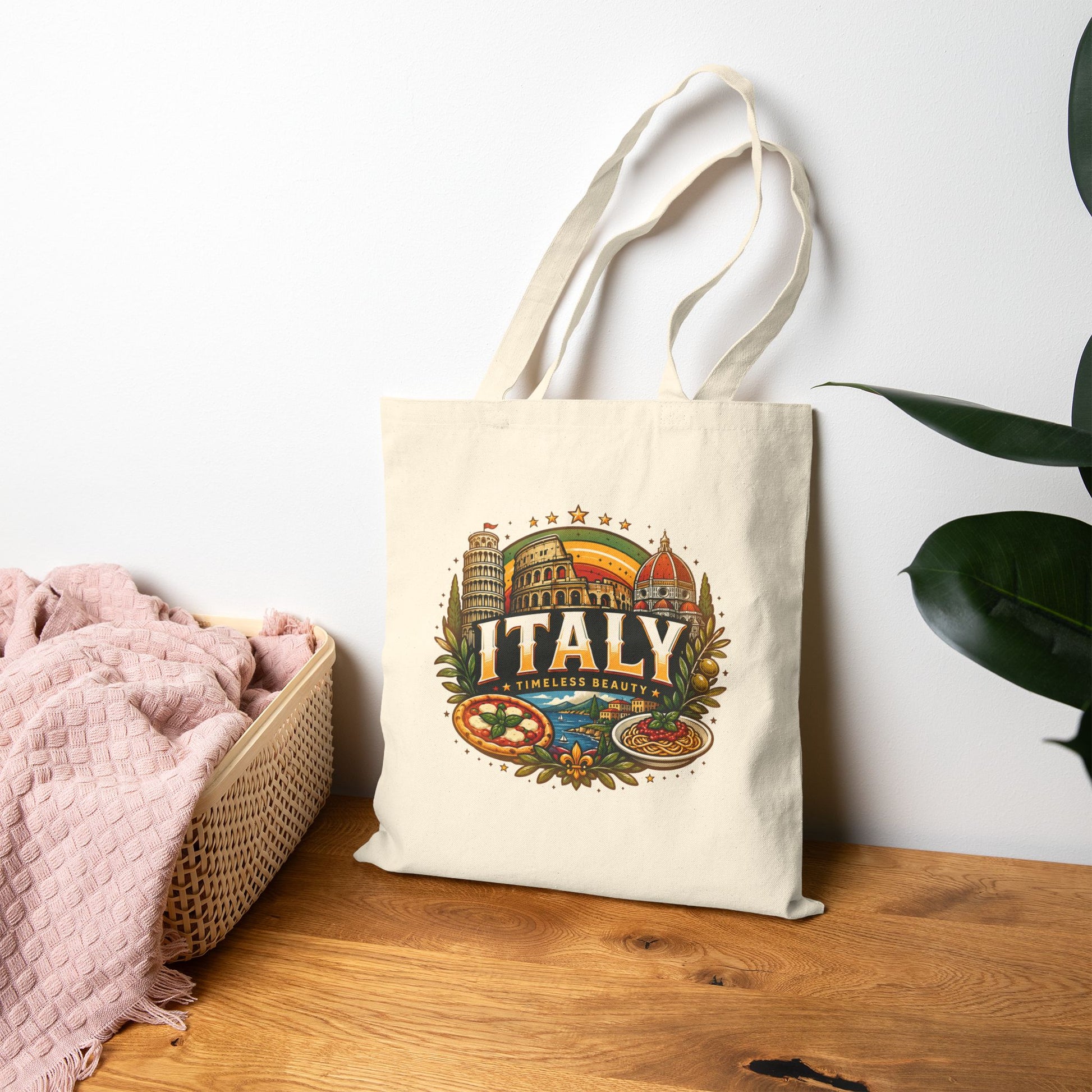 Natural canvas travel tote bag with colorful ITALY landmark graphic