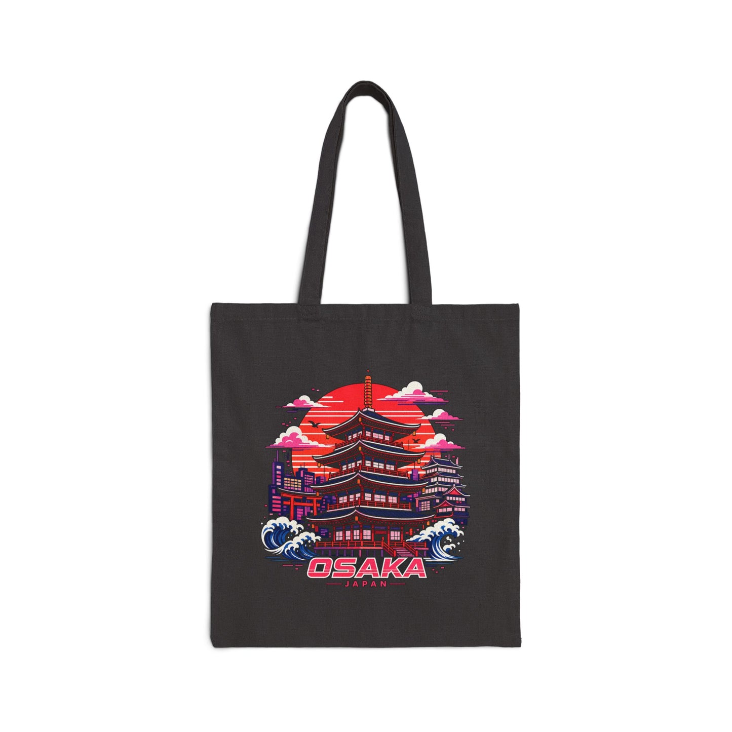 Black cotton tote bag with colorful Osaka building graphic and logo on the front
