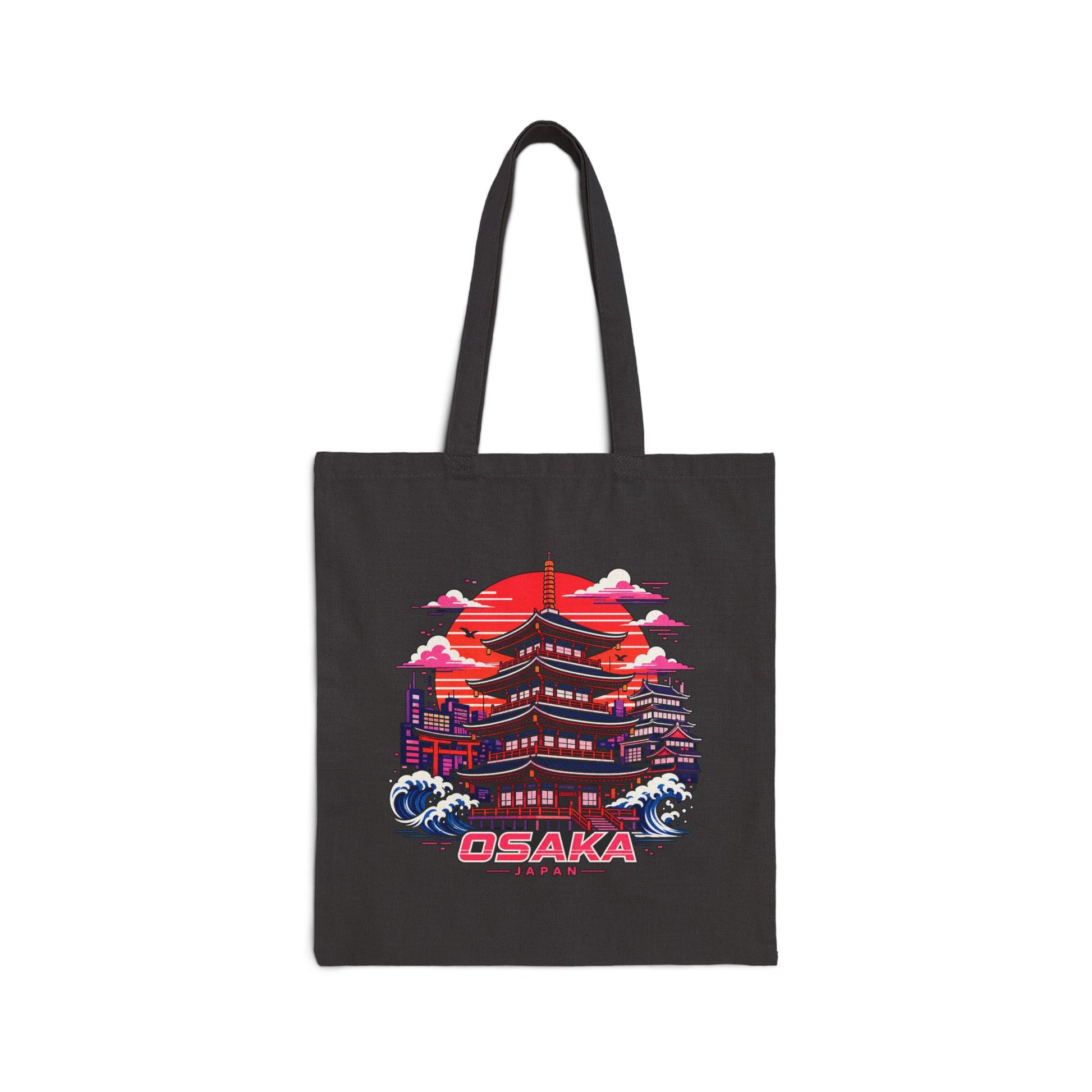 Black cotton tote bag with colorful Osaka building graphic and logo on the front