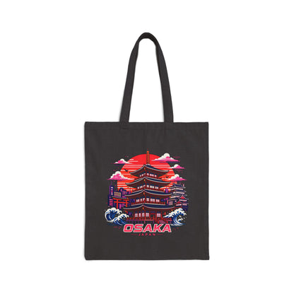 Black cotton tote bag with colorful Osaka building graphic and logo on the front