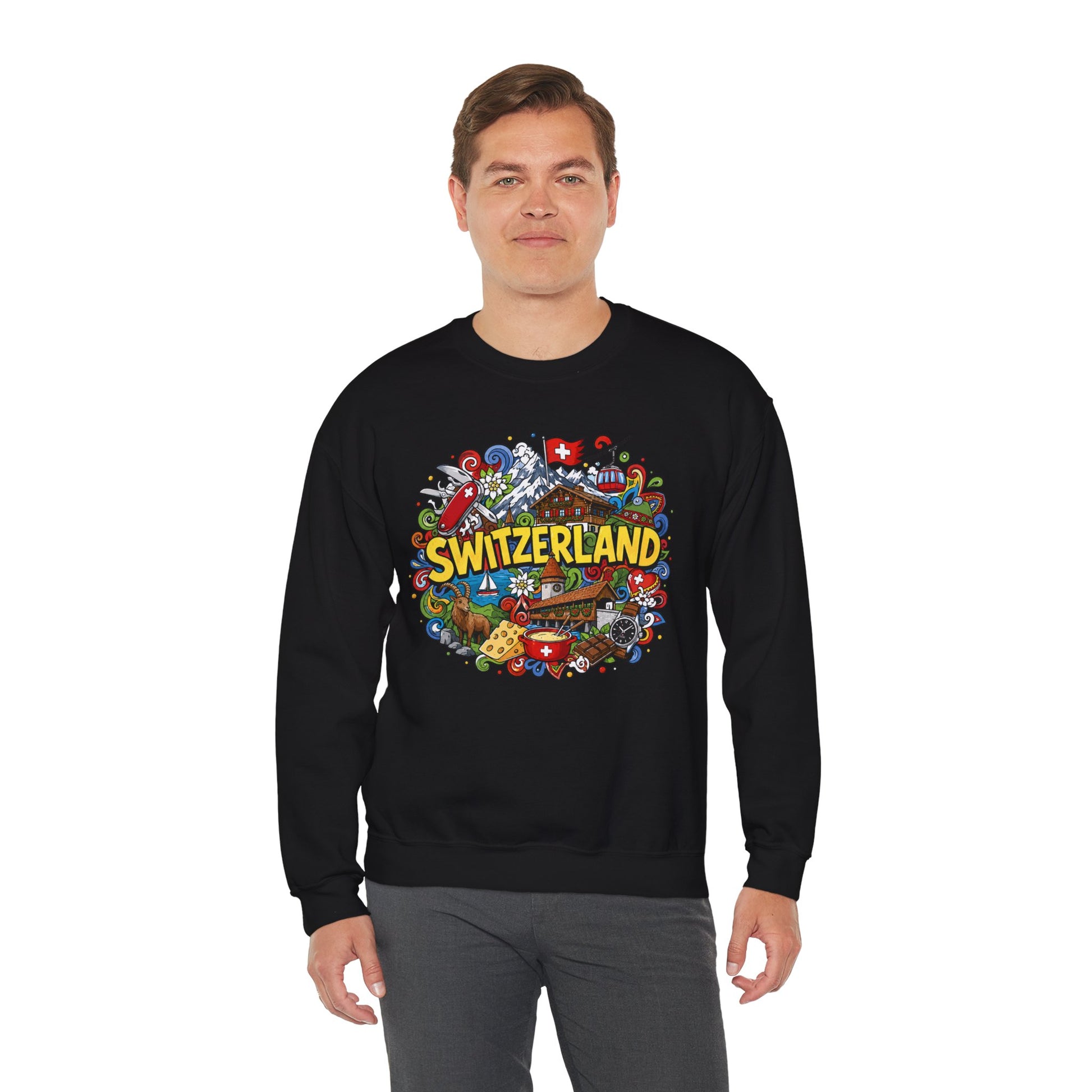 Black crewneck sweatshirt with colorful Switzerland graphic on the chest.