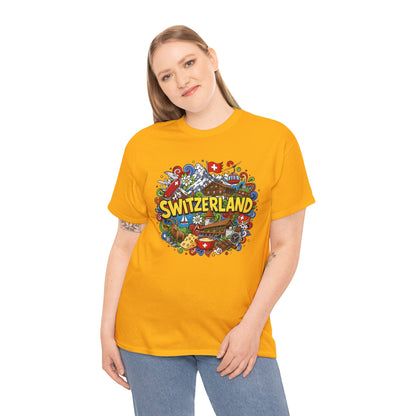 Orange Switzerland travel T-shirt with colorful round chest graphic