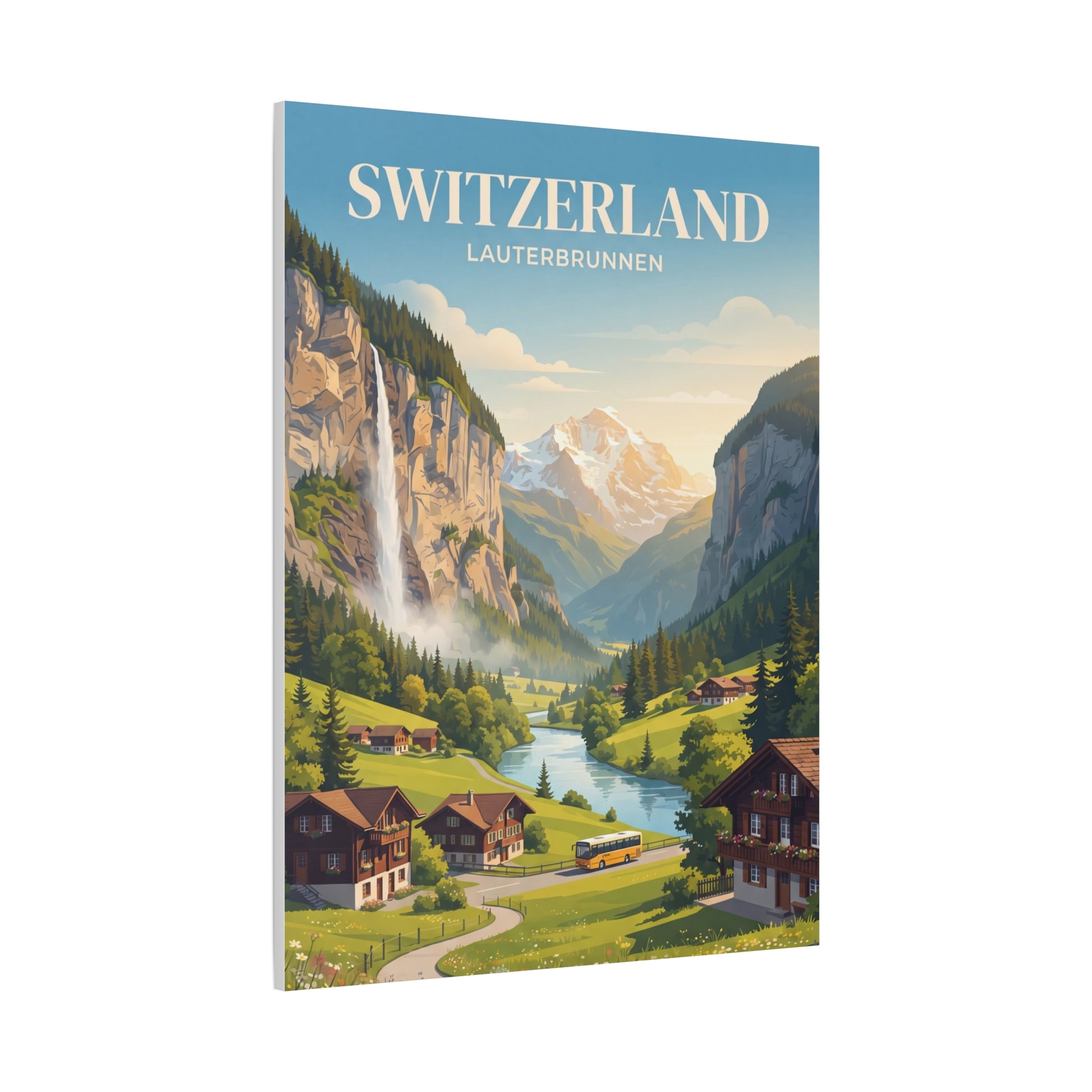 Canvas wall art showing Swiss valley landscape with mountains, waterfall, village houses, and train
