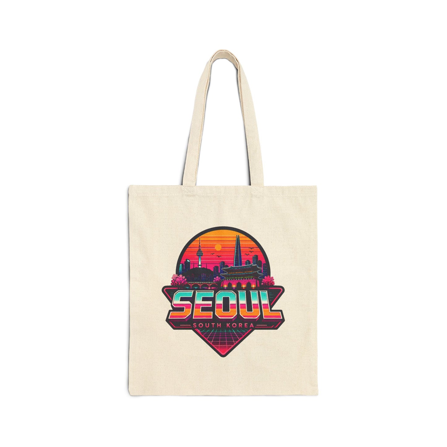 Natural canvas tote bag with colorful Seoul skyline graphic and Seoul text.