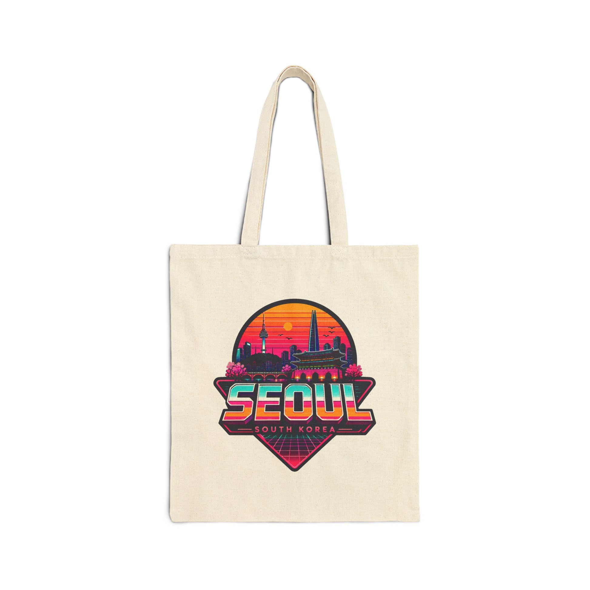 Natural canvas tote bag with colorful Seoul skyline graphic and Seoul text.