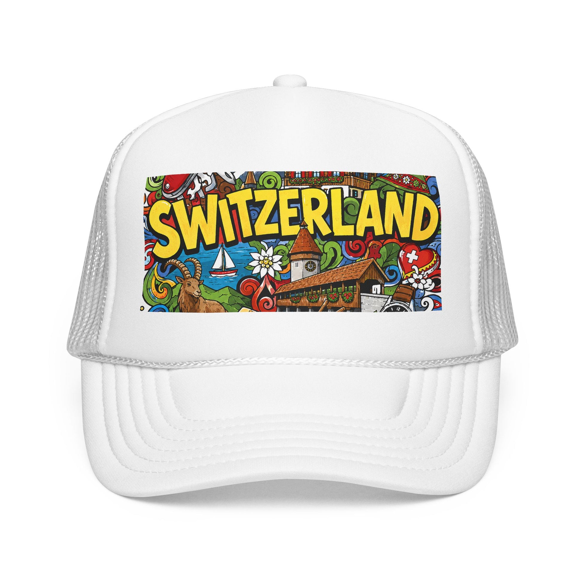 White trucker hat with colorful Switzerland front graphic and white mesh sides