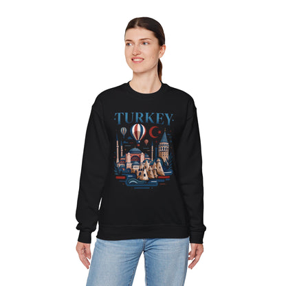 Black crewneck sweatshirt with colorful Turkey skyline graphic on the front, worn by model.