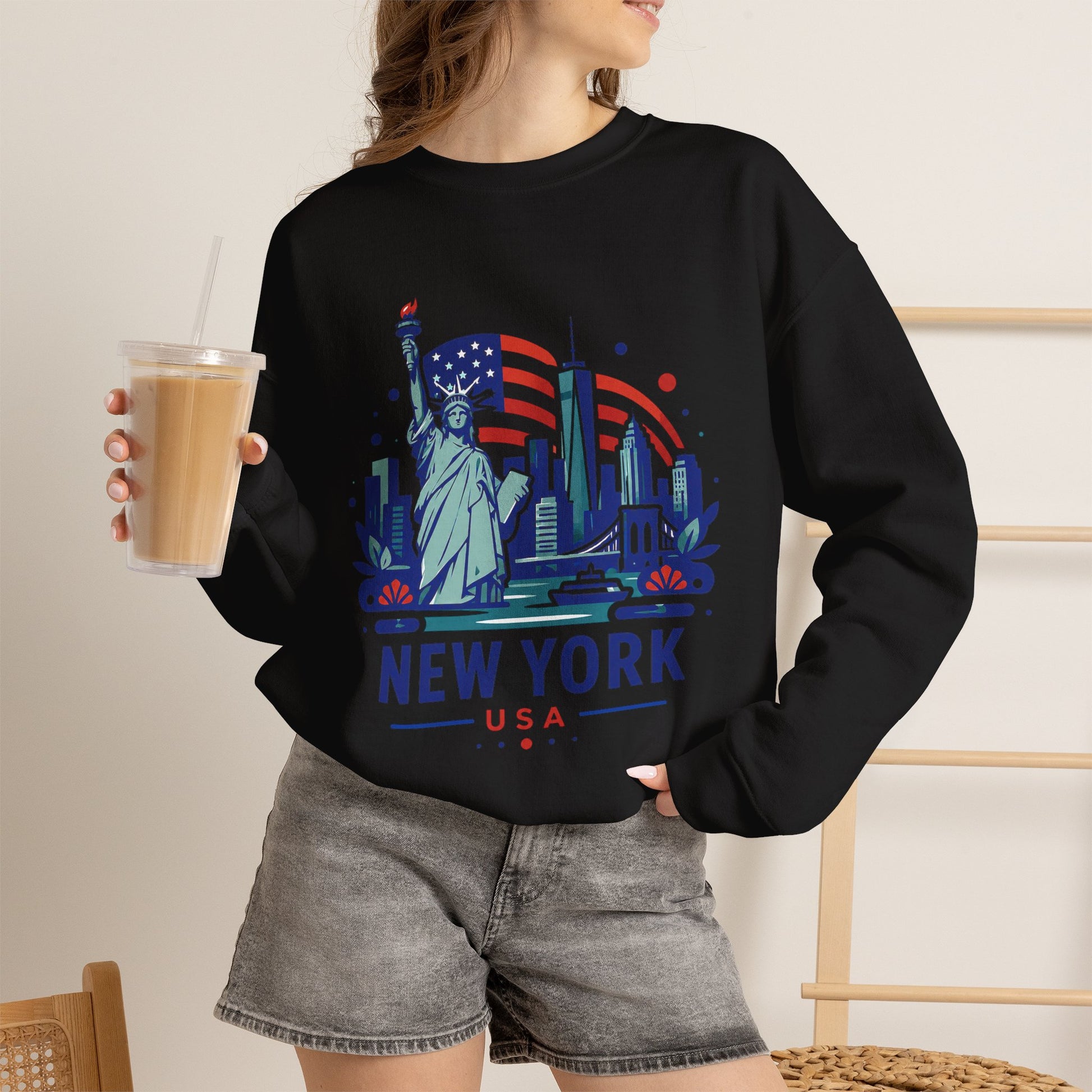 Black crewneck sweatshirt with New York USA skyline graphic on chest