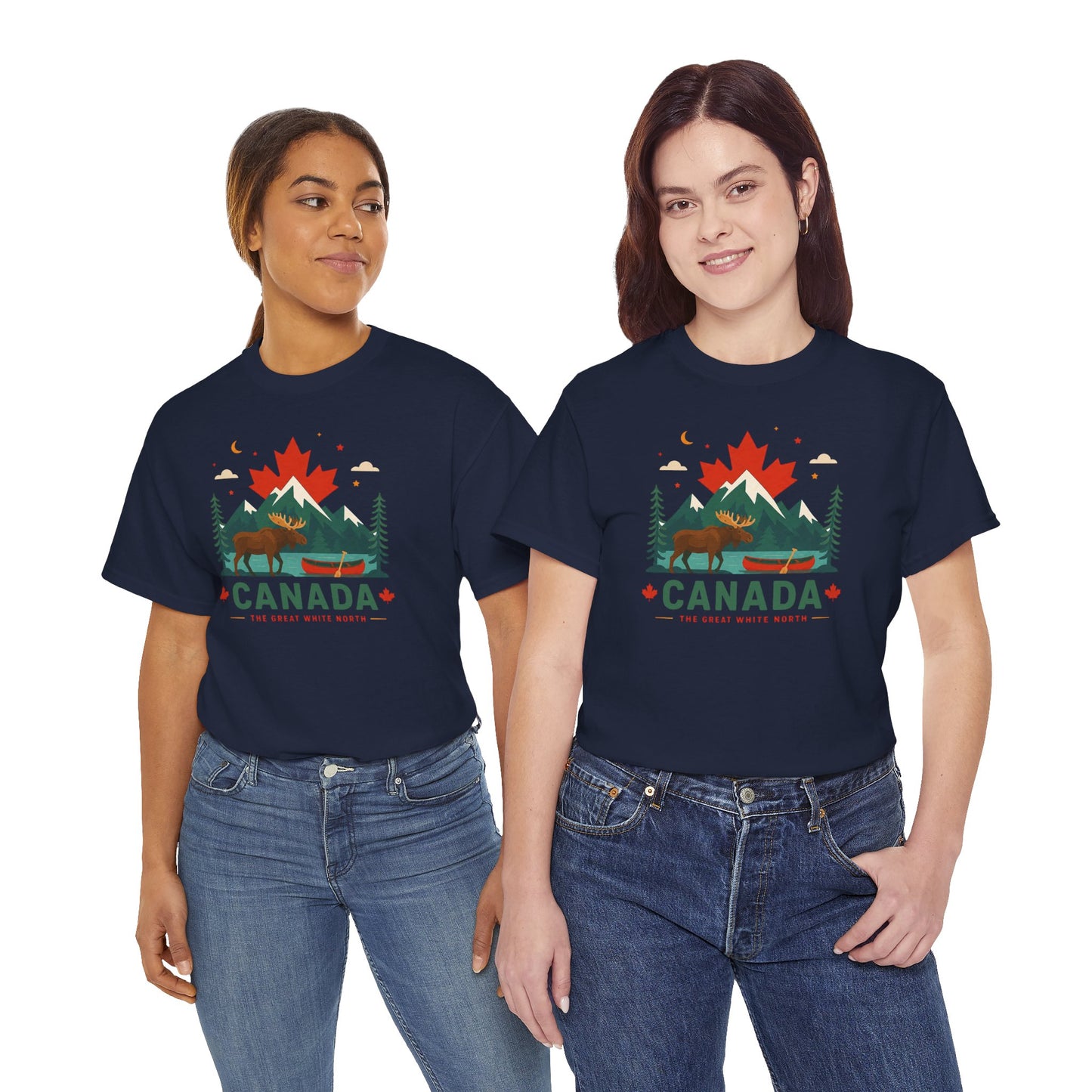Dark navy crewneck tee with colorful Canada-themed outdoor graphic on front