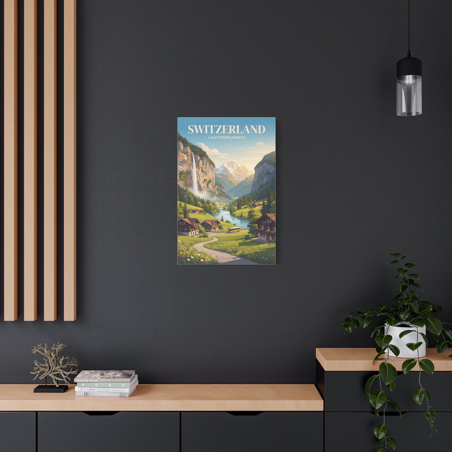 Switzerland Lauterbrunnen matte canvas wall art, small mounted print on dark wall