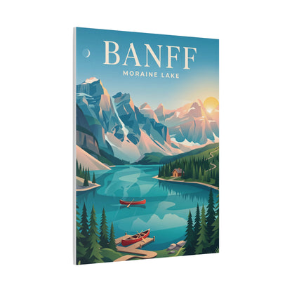 Banff Moraine Lake matte canvas wall art, angled sunrise mountains over blue lake and red boats