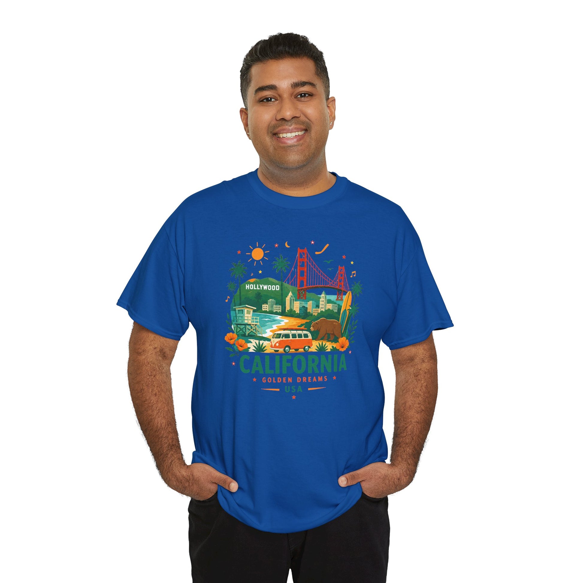 Navy crew-neck T-shirt with colorful California travel graphic on the front