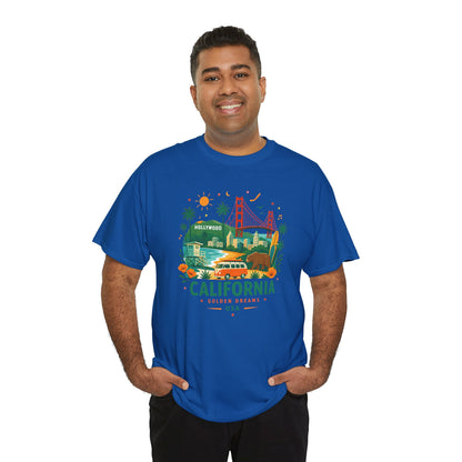 Navy crew-neck T-shirt with colorful California travel graphic on the front
