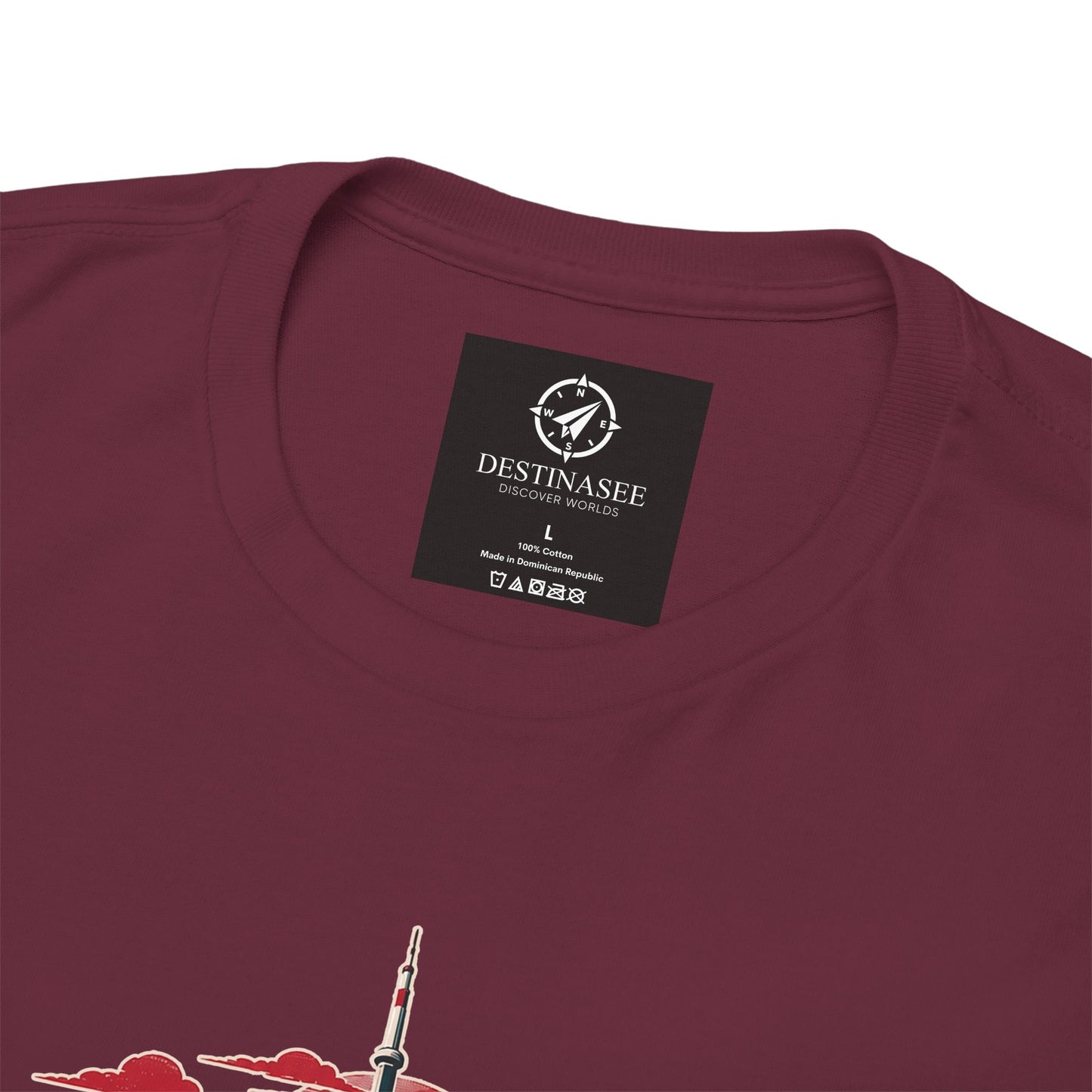 Maroon T-shirt close-up: Destinasee collar label and partial red/teal city skyline print