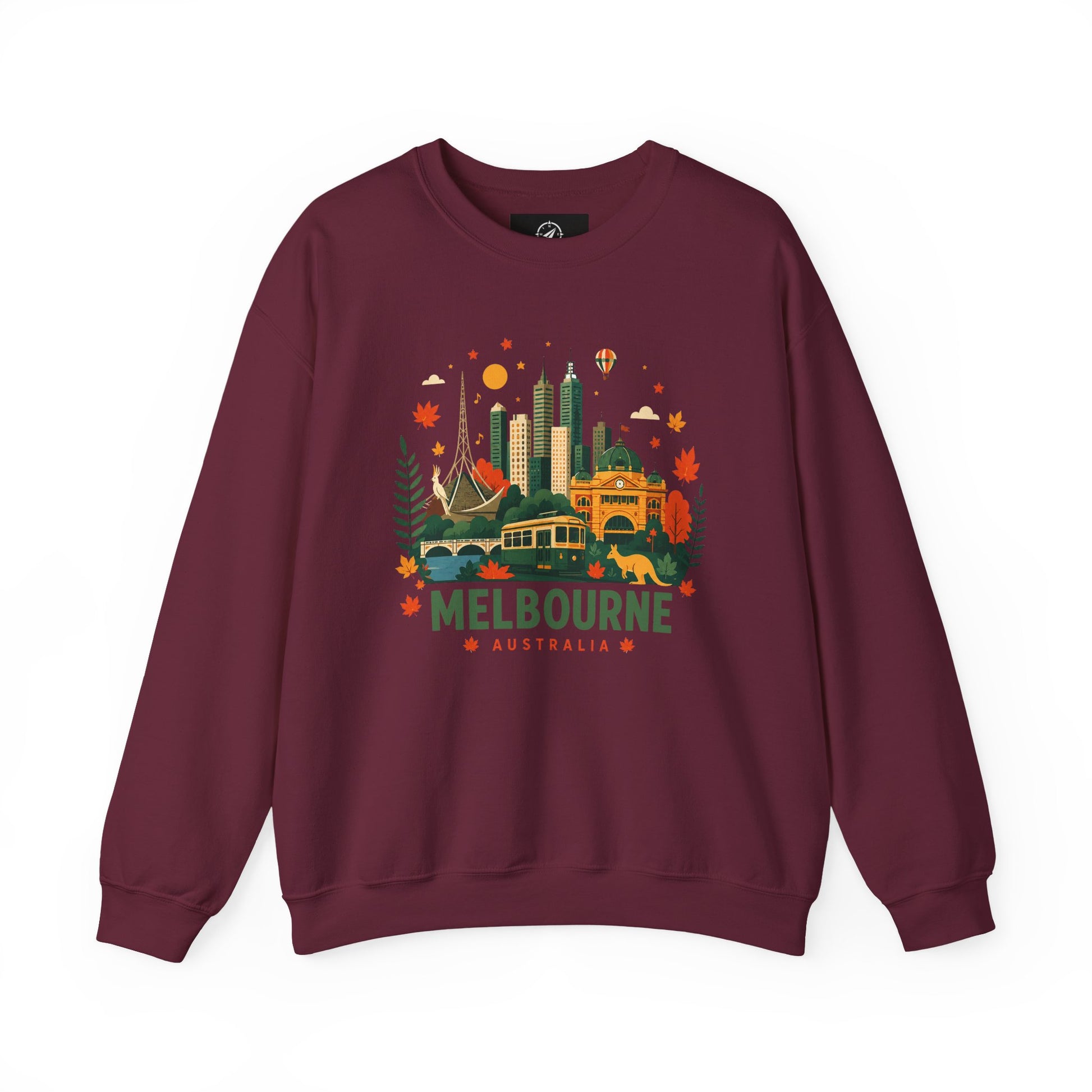 Maroon sweatshirt with Melbourne city graphic on front