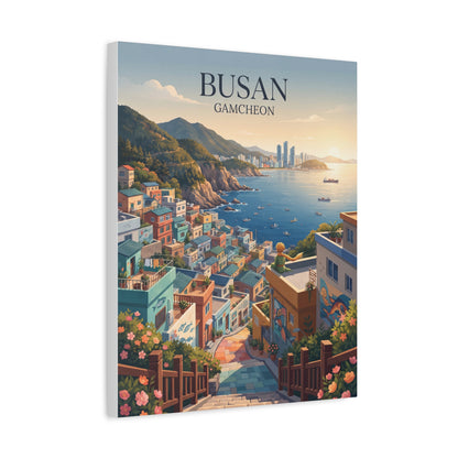Matte canvas wall art: colorful Busan Gamcheon seaside alley with 'BUSAN GAMCHEON'