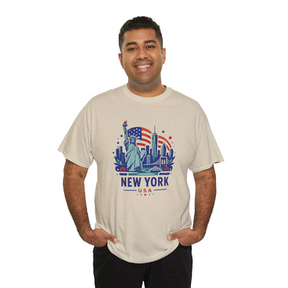 Natural T-shirt with colorful Statue of Liberty and city skyline graphic on front