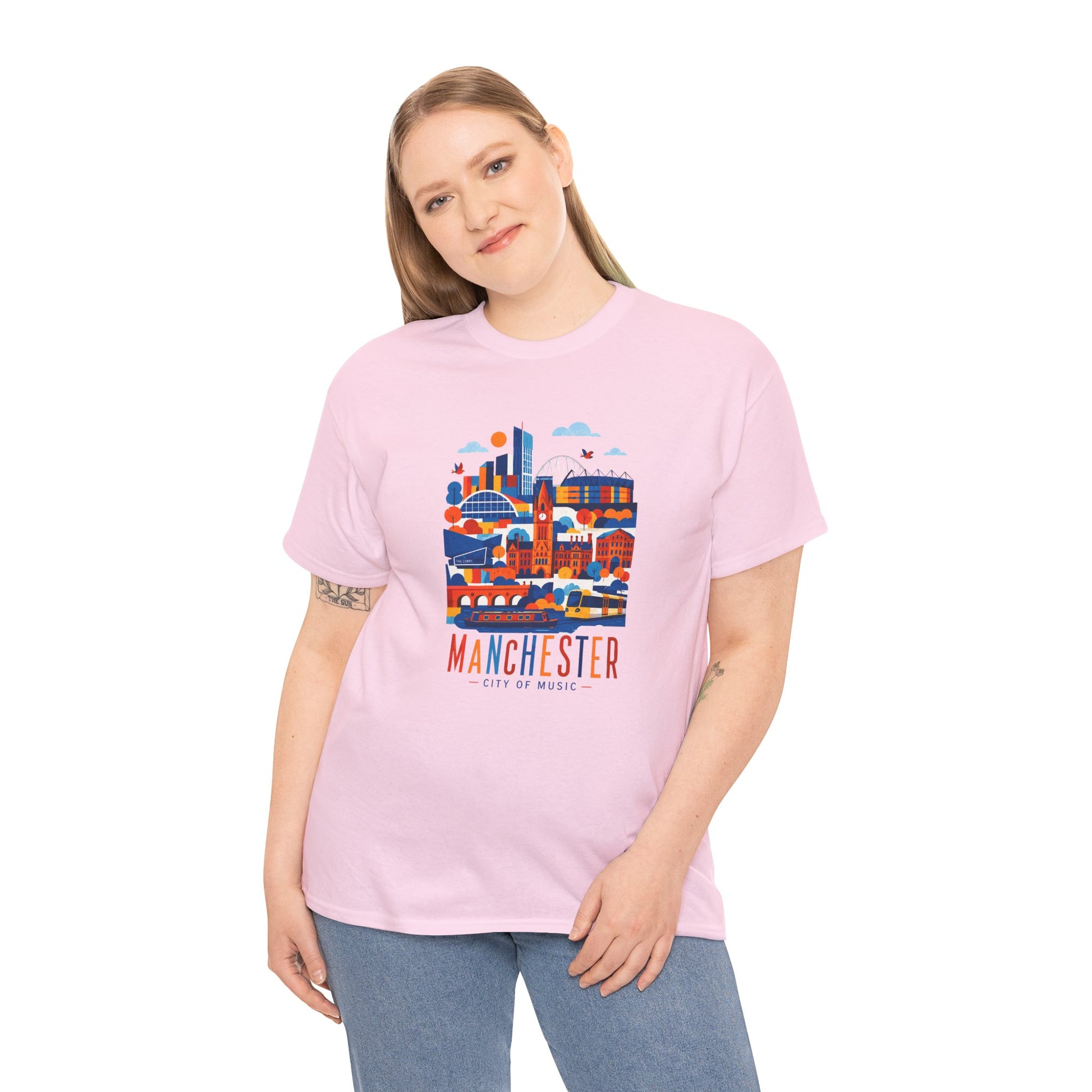 Pink Manchester skyline T-shirt with colorful city graphic on the chest