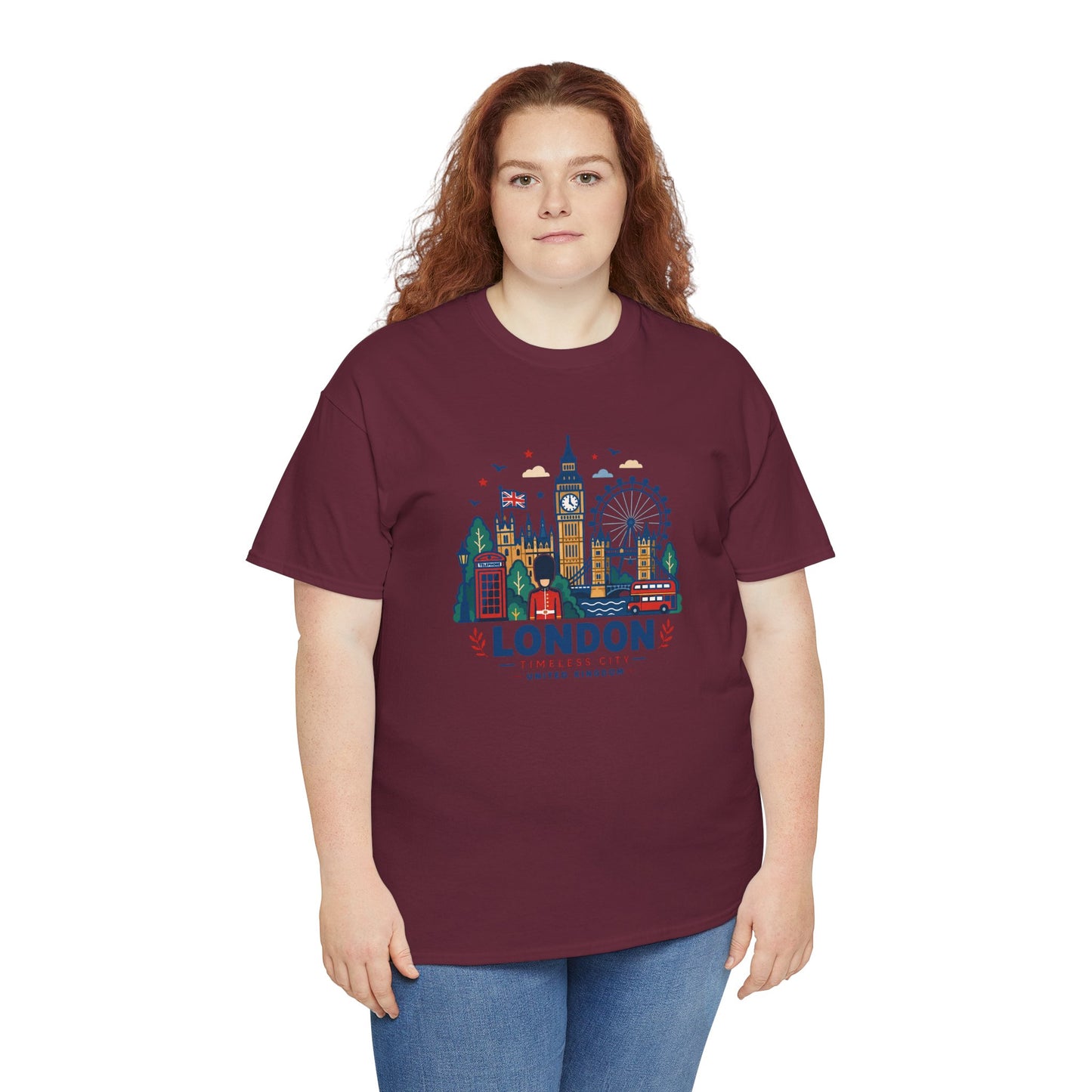 Maroon London skyline T-shirt with colorful city graphic on the chest