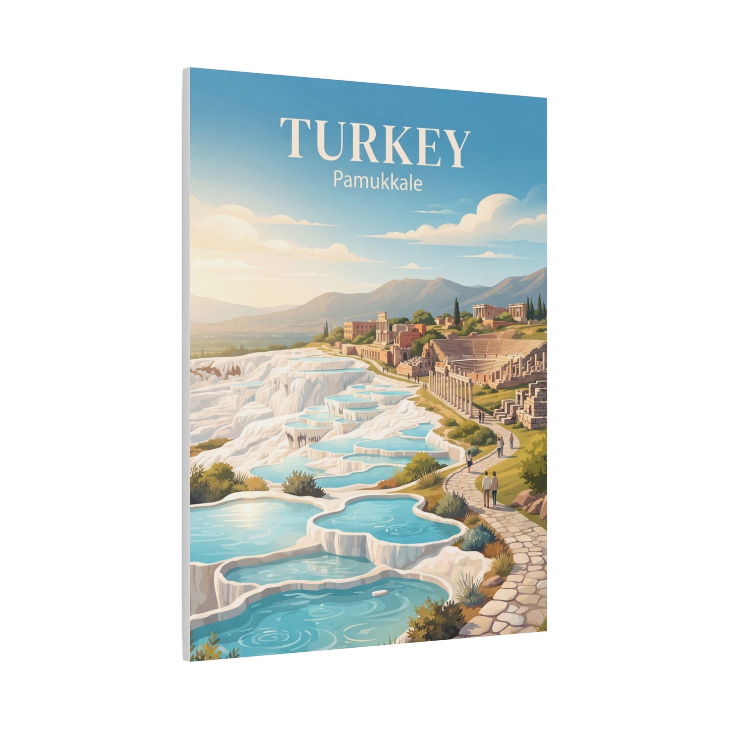 Turkey Pamukkale matte canvas wall art with turquoise pools, white rock formations, and path