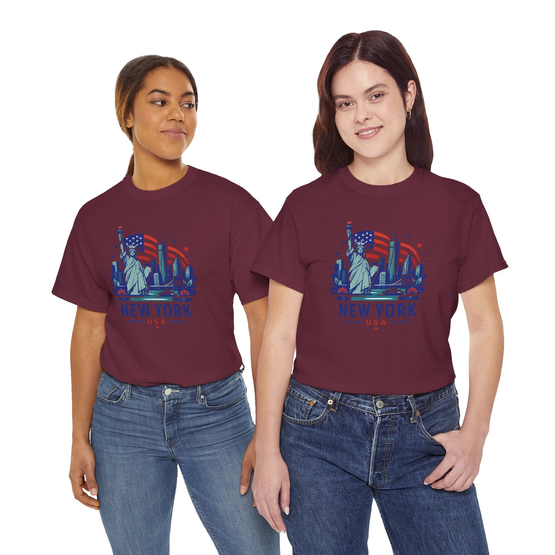 Maroon crewneck T-shirts with Statue of Liberty New York USA front graphic