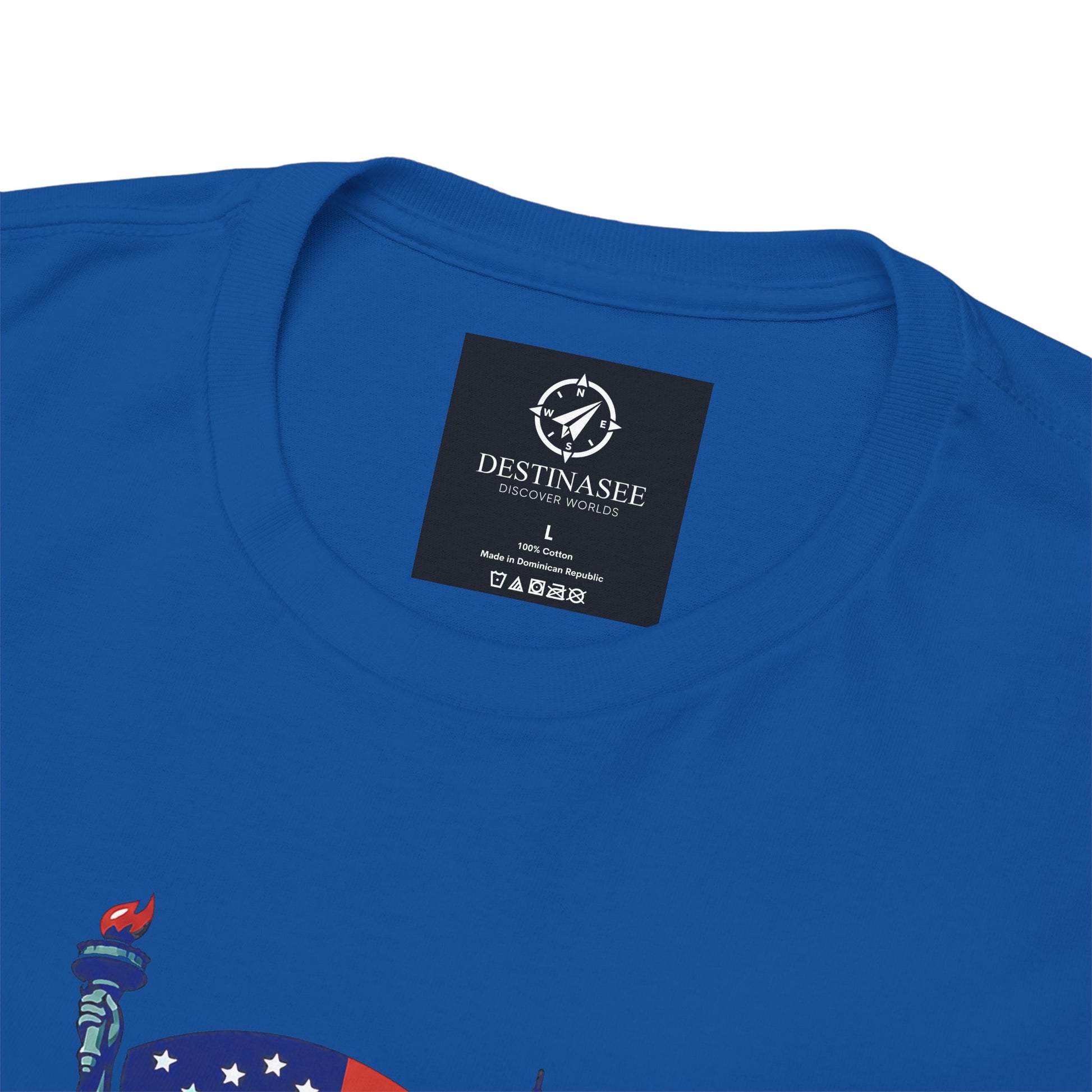 Dark blue T-shirt close-up: crew neck label with small flame and Liberty graphic