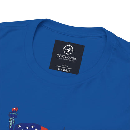 Dark blue T-shirt close-up: crew neck label with small flame and Liberty graphic