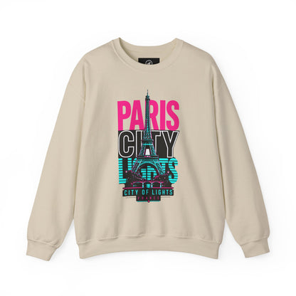 Cream crewneck sweatshirt with PARIS CITY Eiffel Tower lights graphic in pink, teal, and white.