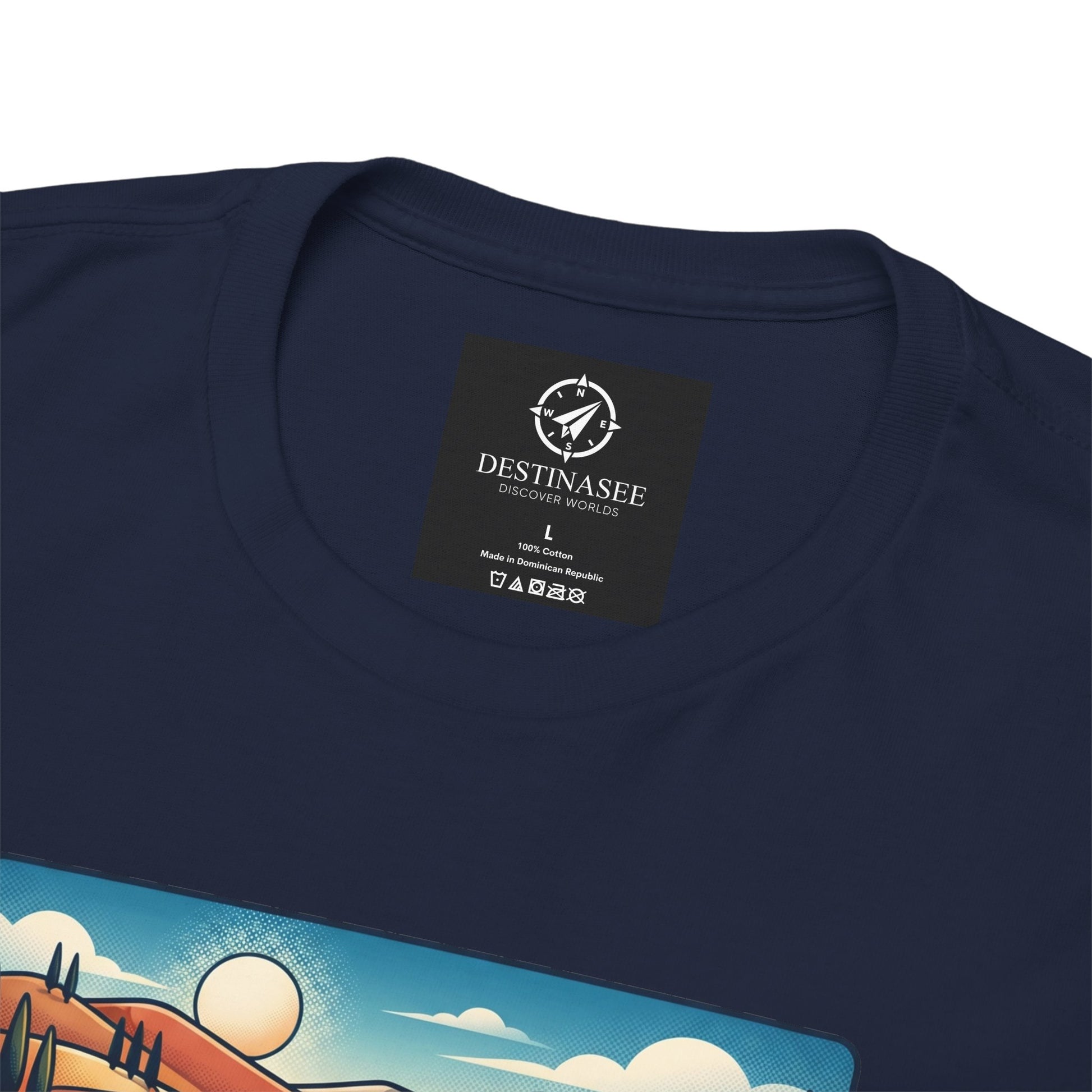 Navy T-shirt with crew neckline and small logo patch at chest, partial scenic print