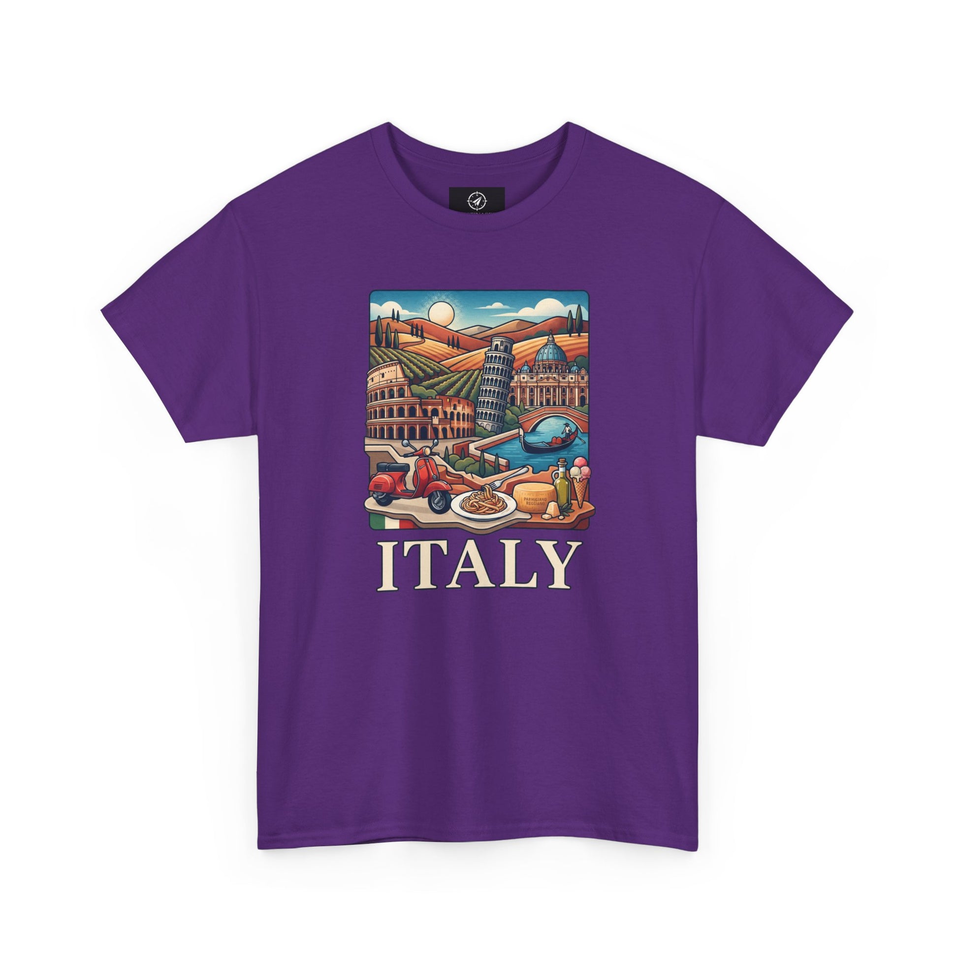 Purple T-shirt with vintage Italy scenic graphic and 'ITALY' text