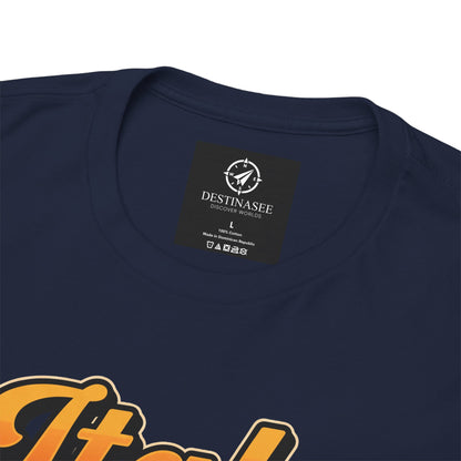 Navy crewneck tee close-up with “DESTINASSEE” neck label and front graphic detail
