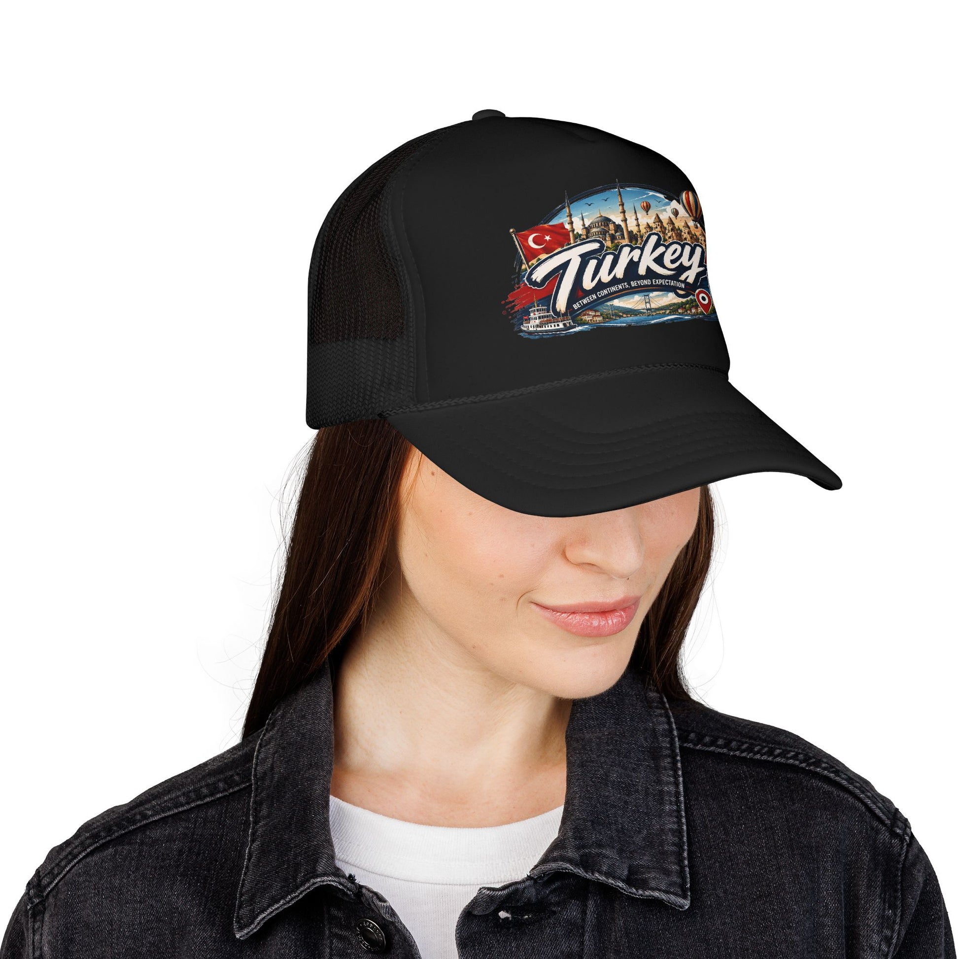 Black trucker cap on woman with front Turkey graphic patch