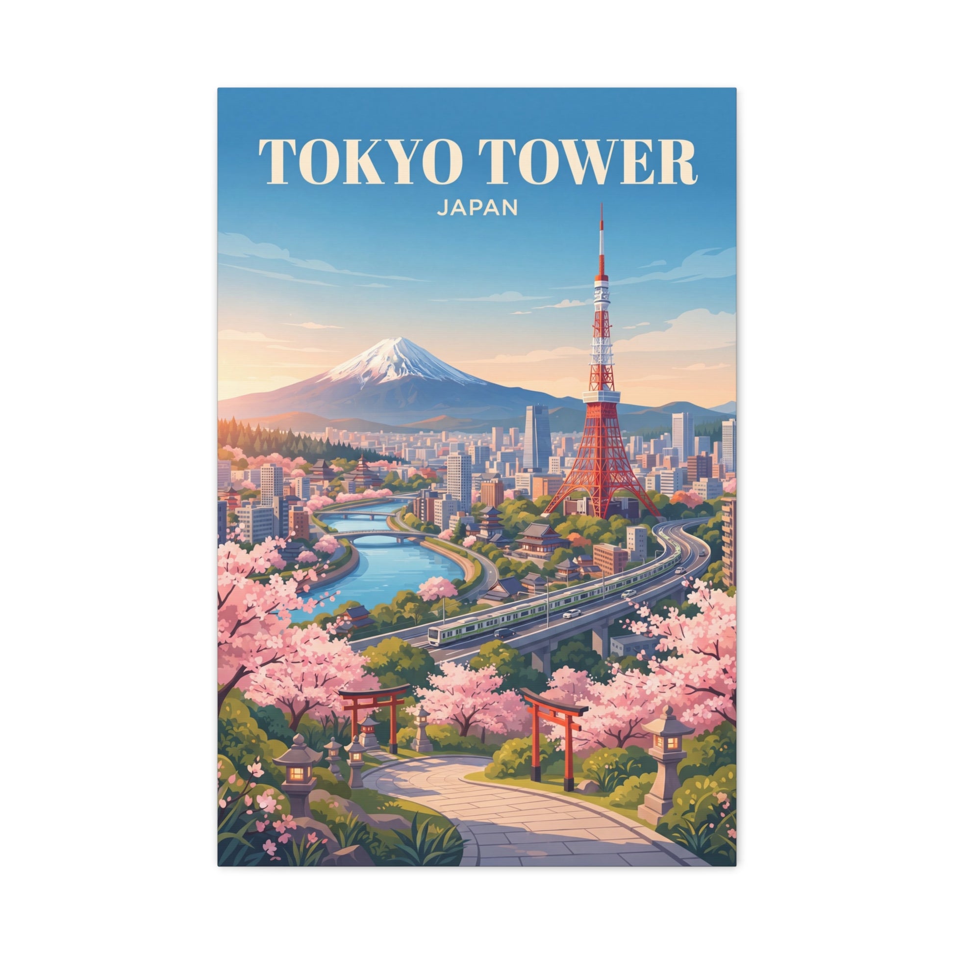 Matte canvas print with "TOKYO TOWER" header, Mount Fuji view, and cherry blossoms