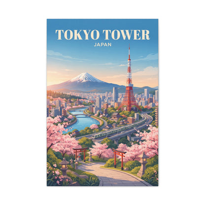 Matte canvas print with "TOKYO TOWER" header, Mount Fuji view, and cherry blossoms