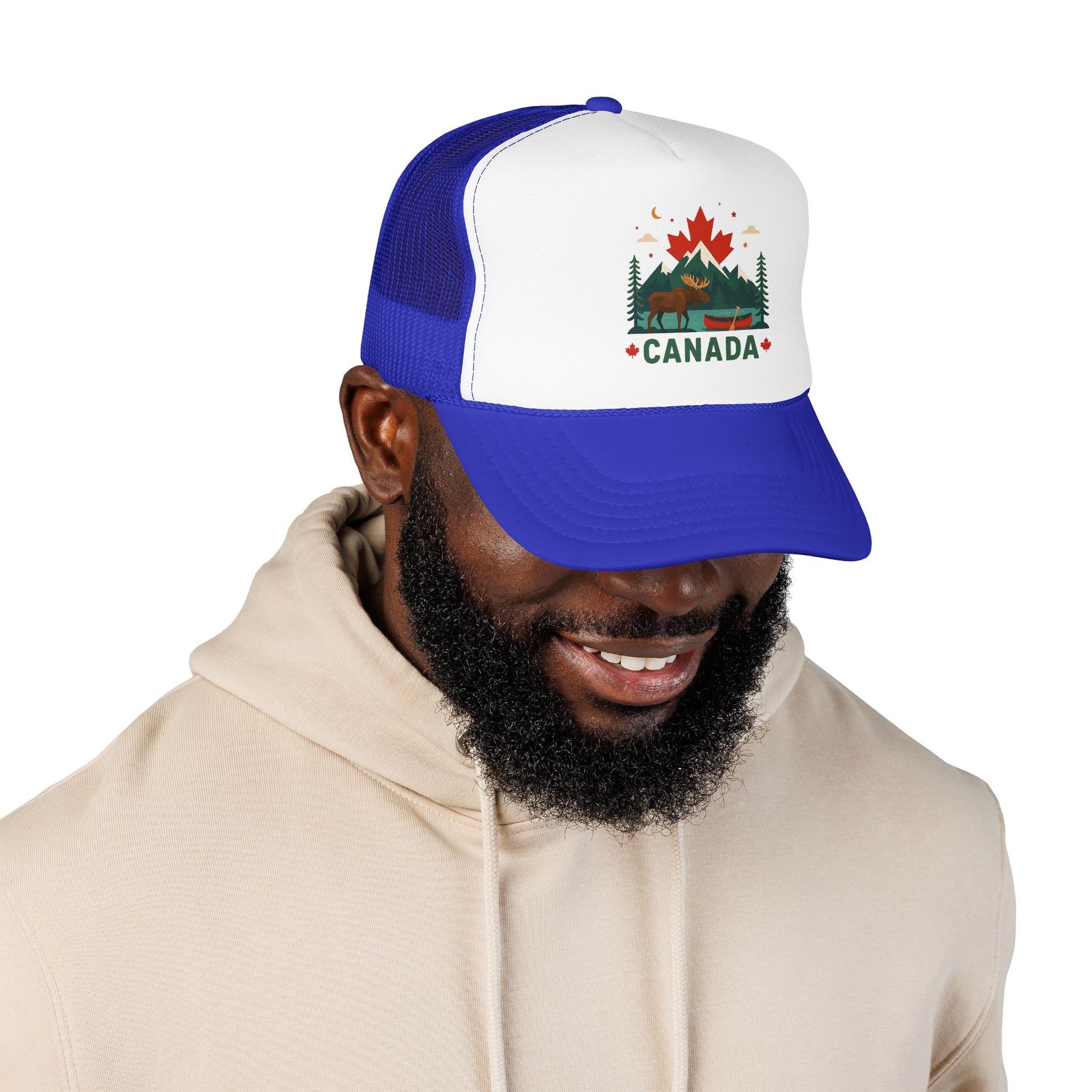 Royal blue and white Canada moose trucker hat with Canada emblem front patch