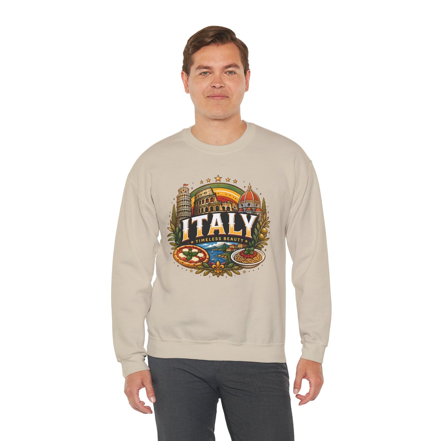 Light sand crewneck sweatshirt with colorful “Italy” graphic on the front