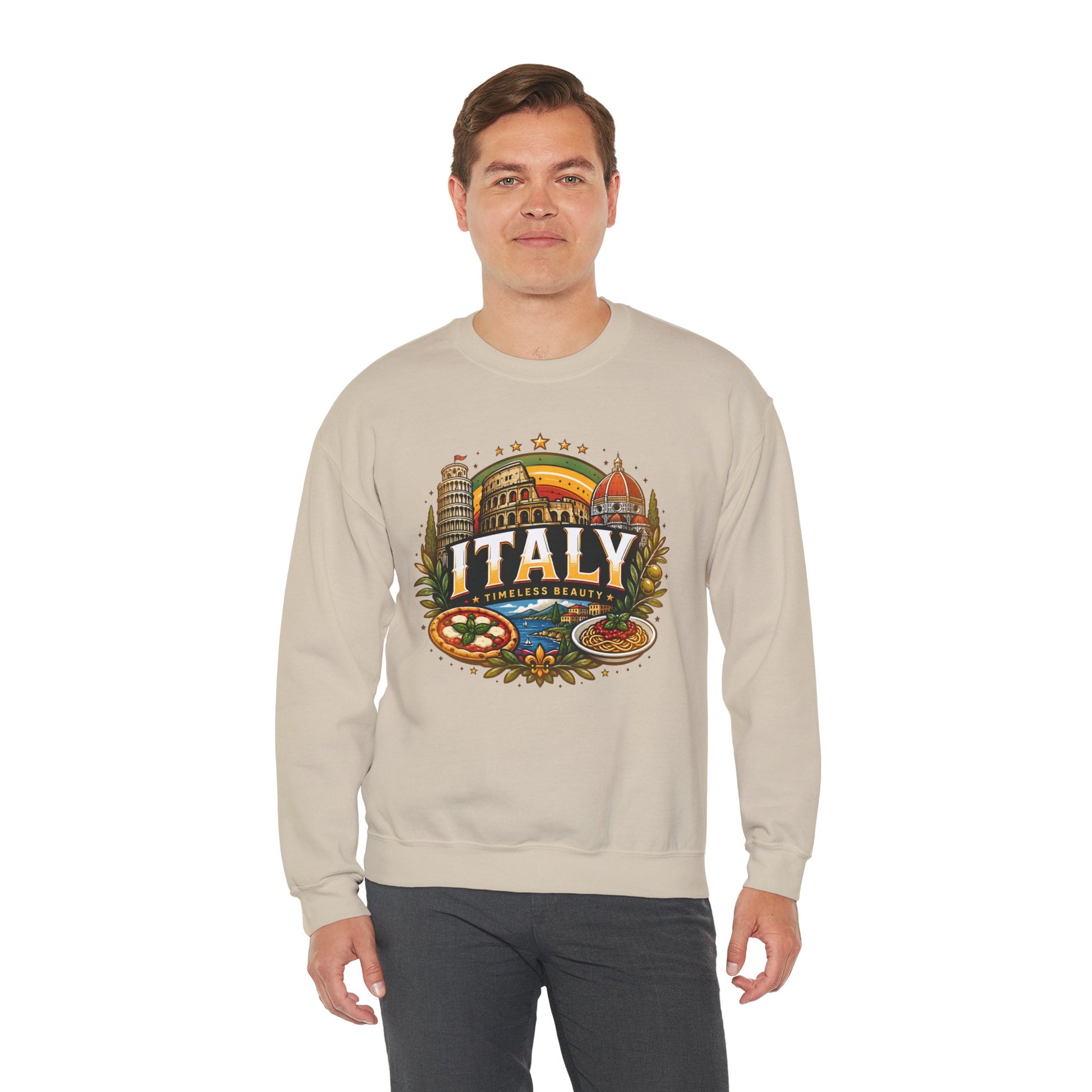 Light sand crewneck sweatshirt with colorful “Italy” graphic on the front