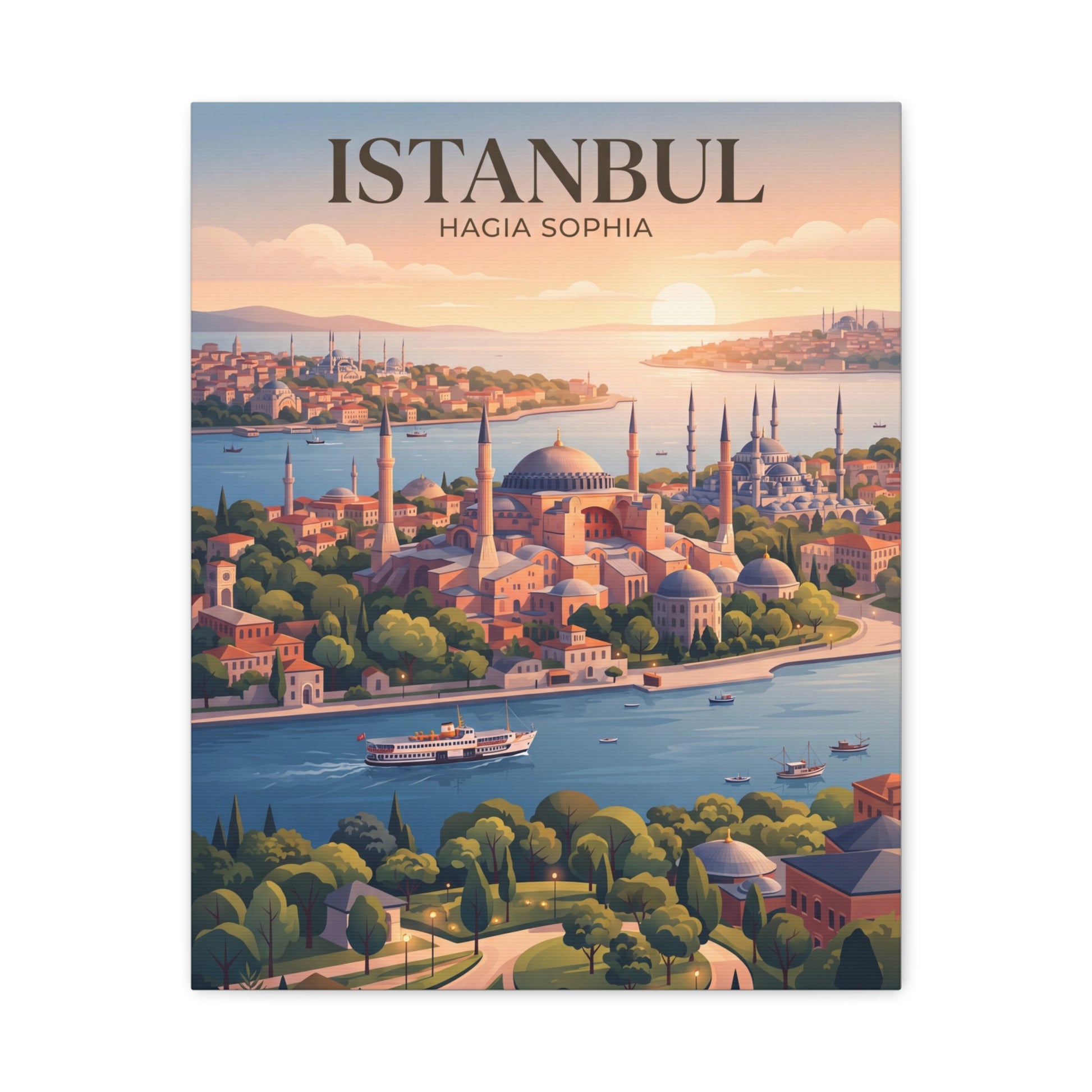 Matte canvas wall art of Istanbul skyline with Hagia Sophia domes at sunset
