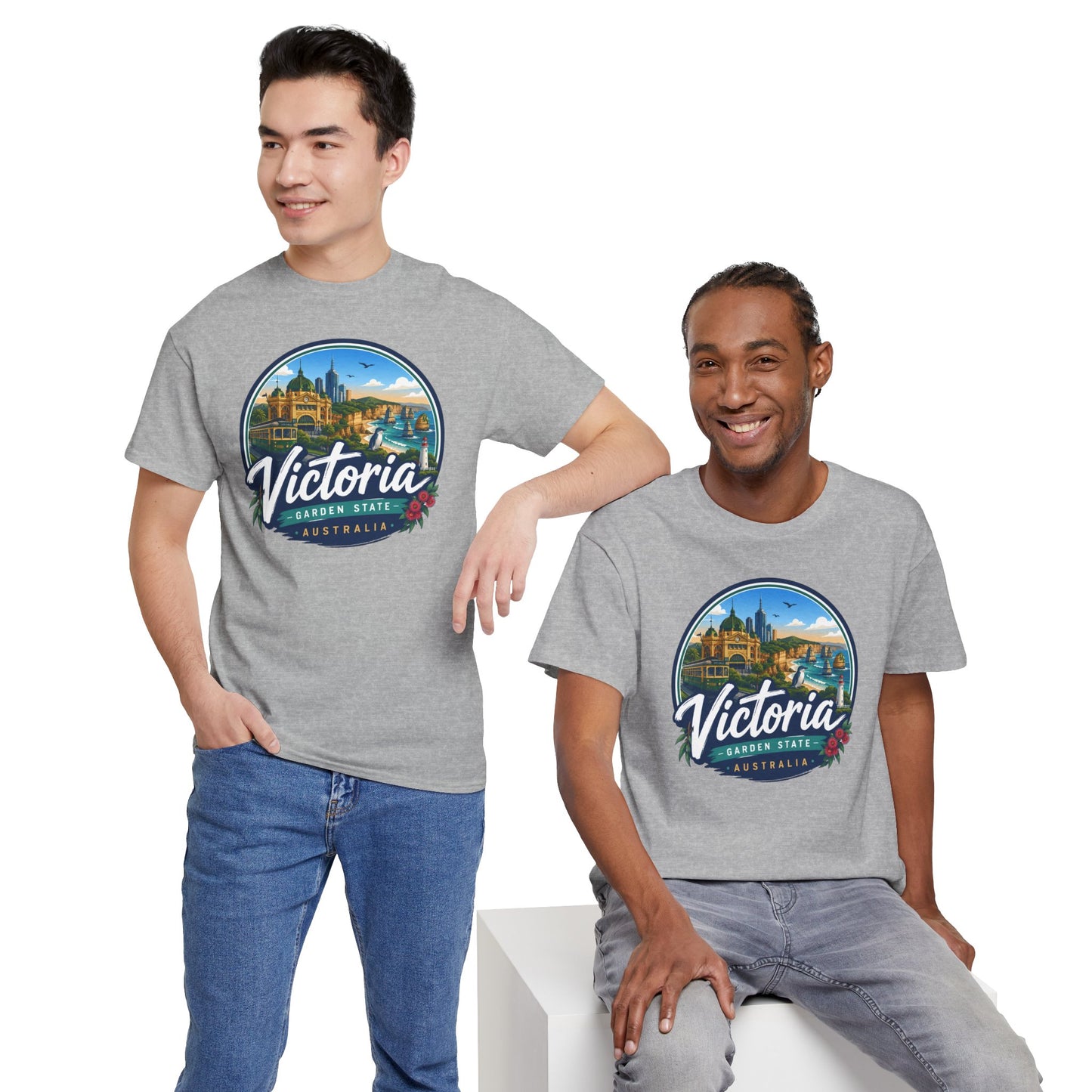 Light gray crew-neck travel T-shirt with circular Victoria graphic on chest