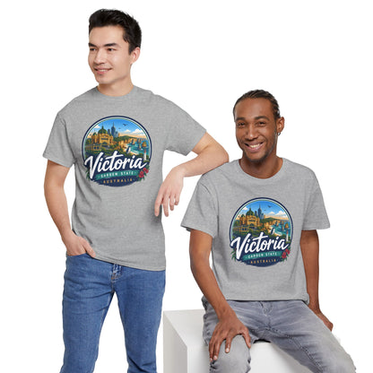 Light gray crew-neck travel T-shirt with circular Victoria graphic on chest