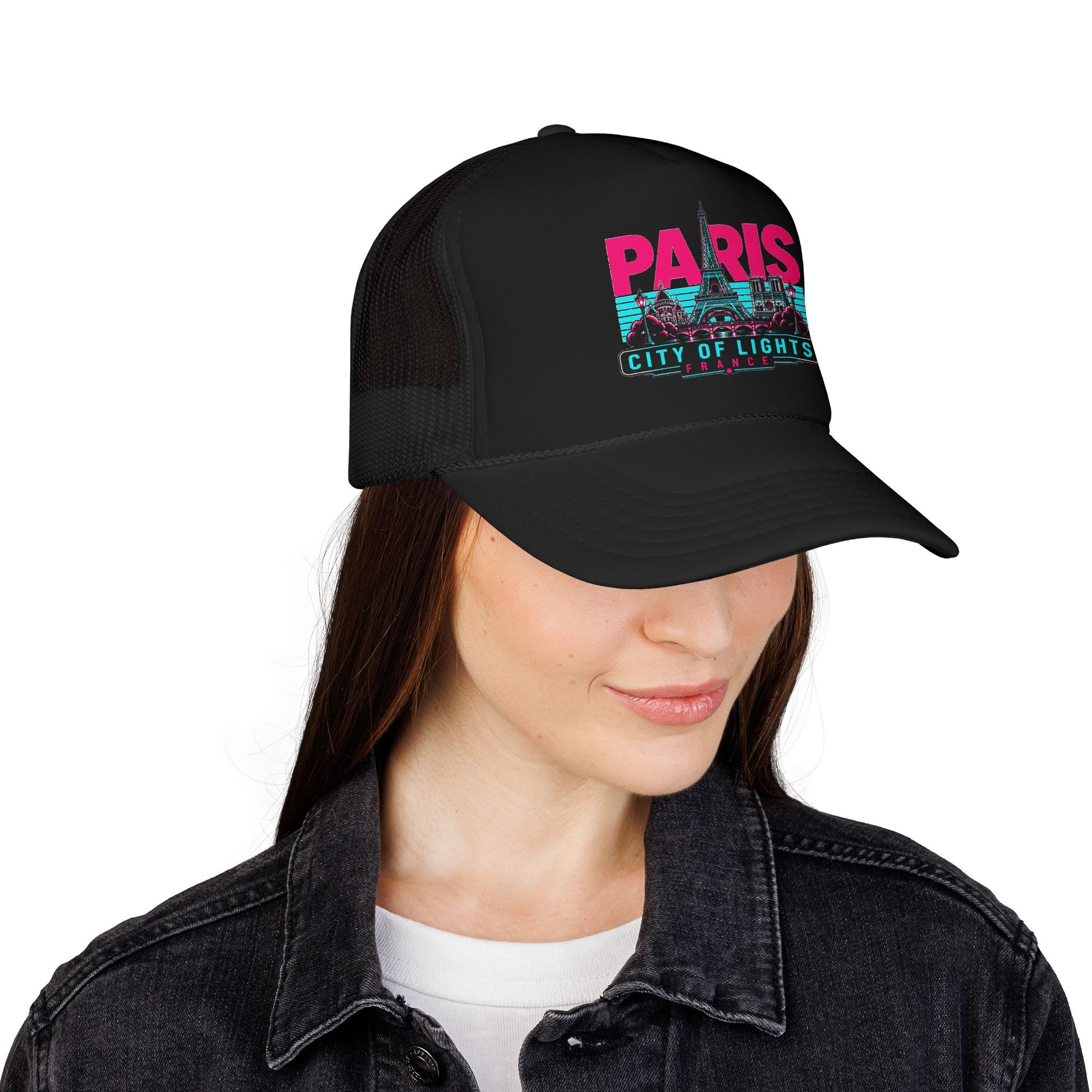 Black trucker hat with mesh sides and “PARIS City of Lights” graphic on the front.