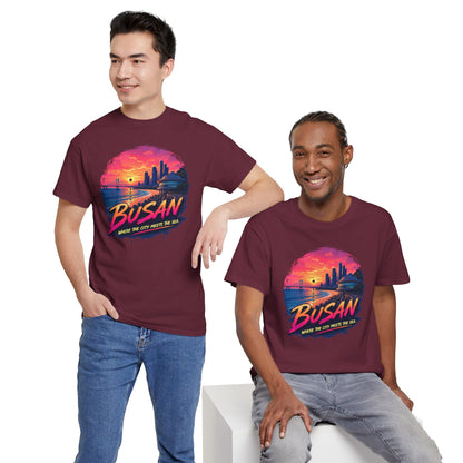 Maroon crewneck t-shirt with colorful Busan skyline sunset graphic on the front