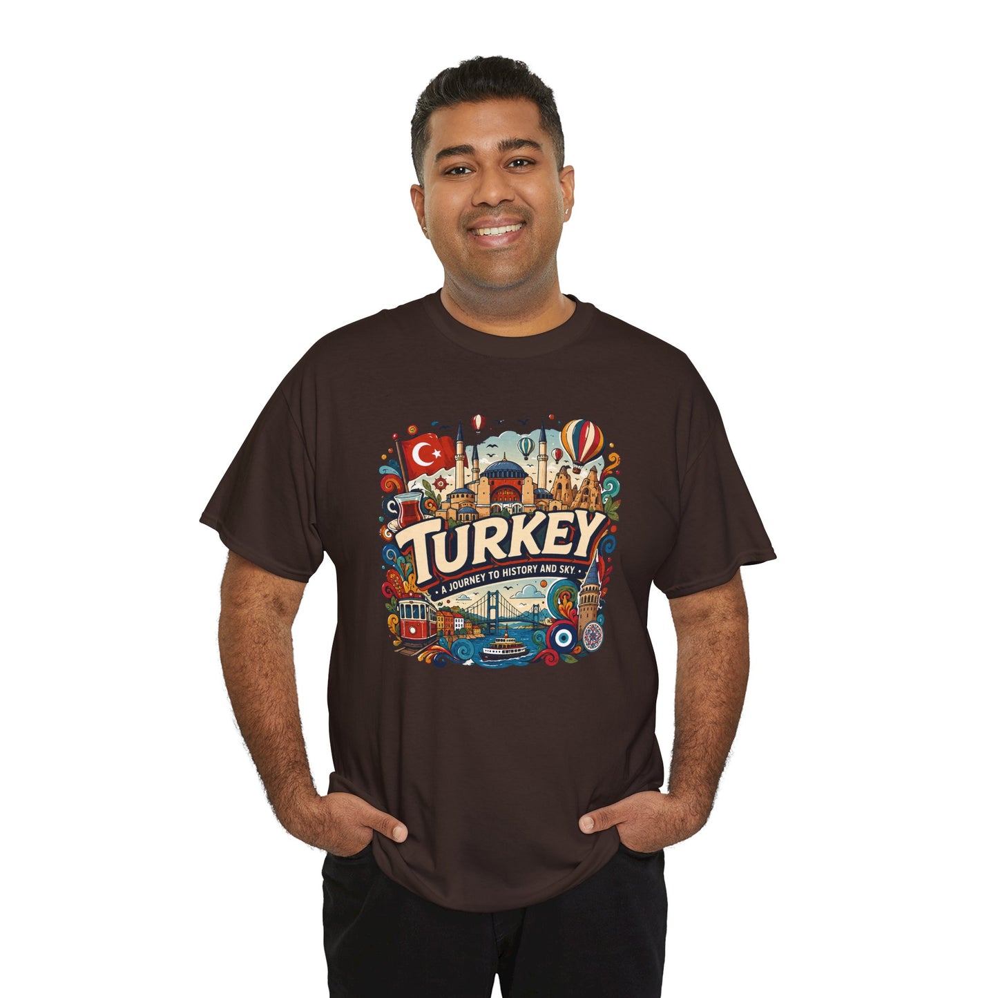 Dark charcoal Turkey graphic t-shirt with colorful front print, crew neck, short sleeves