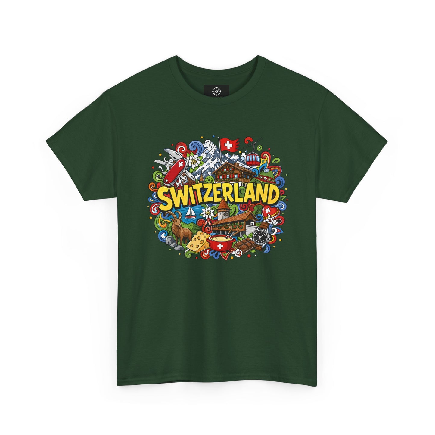 Men's travel T-shirt in dark forest green with colorful Swiss-themed "SWITZERLAND" graphic