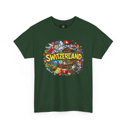 Men's travel T-shirt in dark forest green with colorful Swiss-themed "SWITZERLAND" graphic