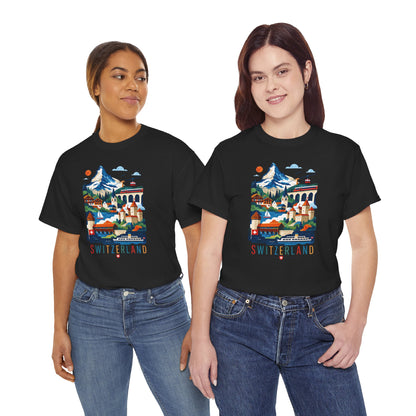 Black crew-neck T-shirt with colorful Switzerland village graphic, worn by two women