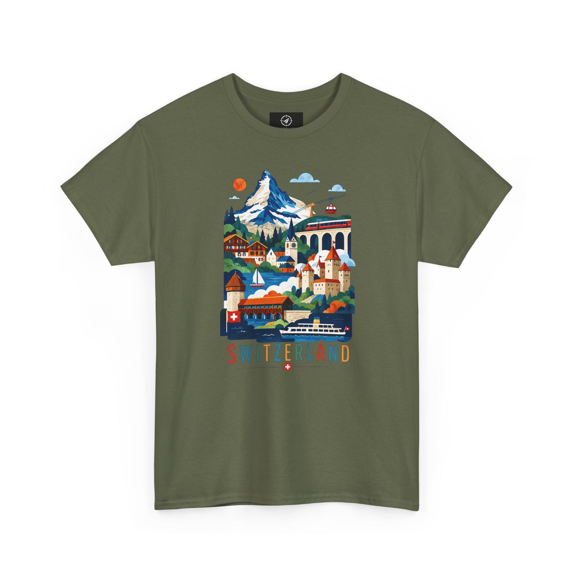 Forest green short-sleeve T-shirt with colorful Switzerland village graphic on front