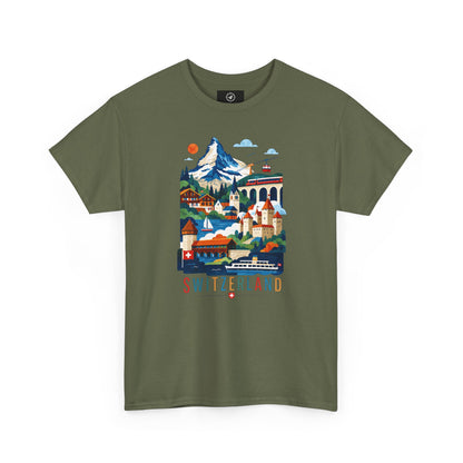 Forest green short-sleeve T-shirt with colorful Switzerland village graphic on front