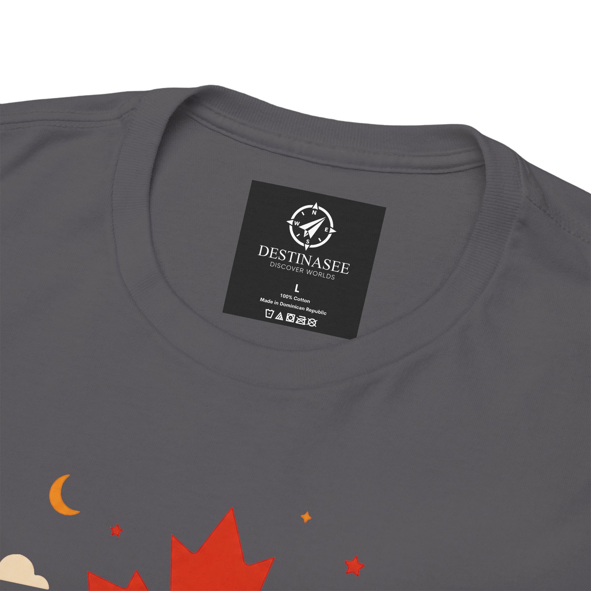 Charcoal T-shirt close-up of crew neck with small rectangular brand tag